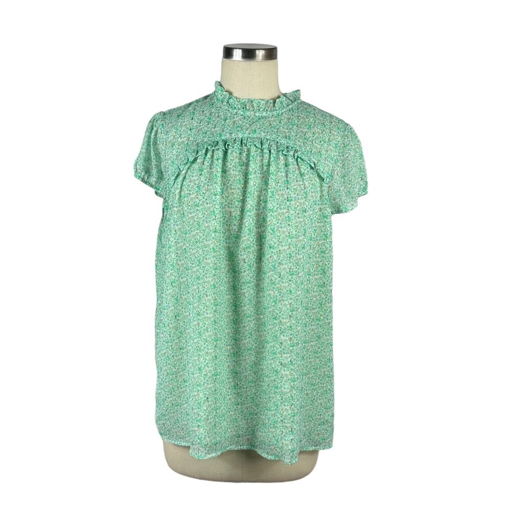 JOIE Pastel Green Cap Sleeve Metallic Floral Popover Blouse Women's XL Top‎